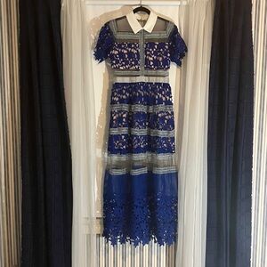 Chic Blue and White Lace Maxi Dress